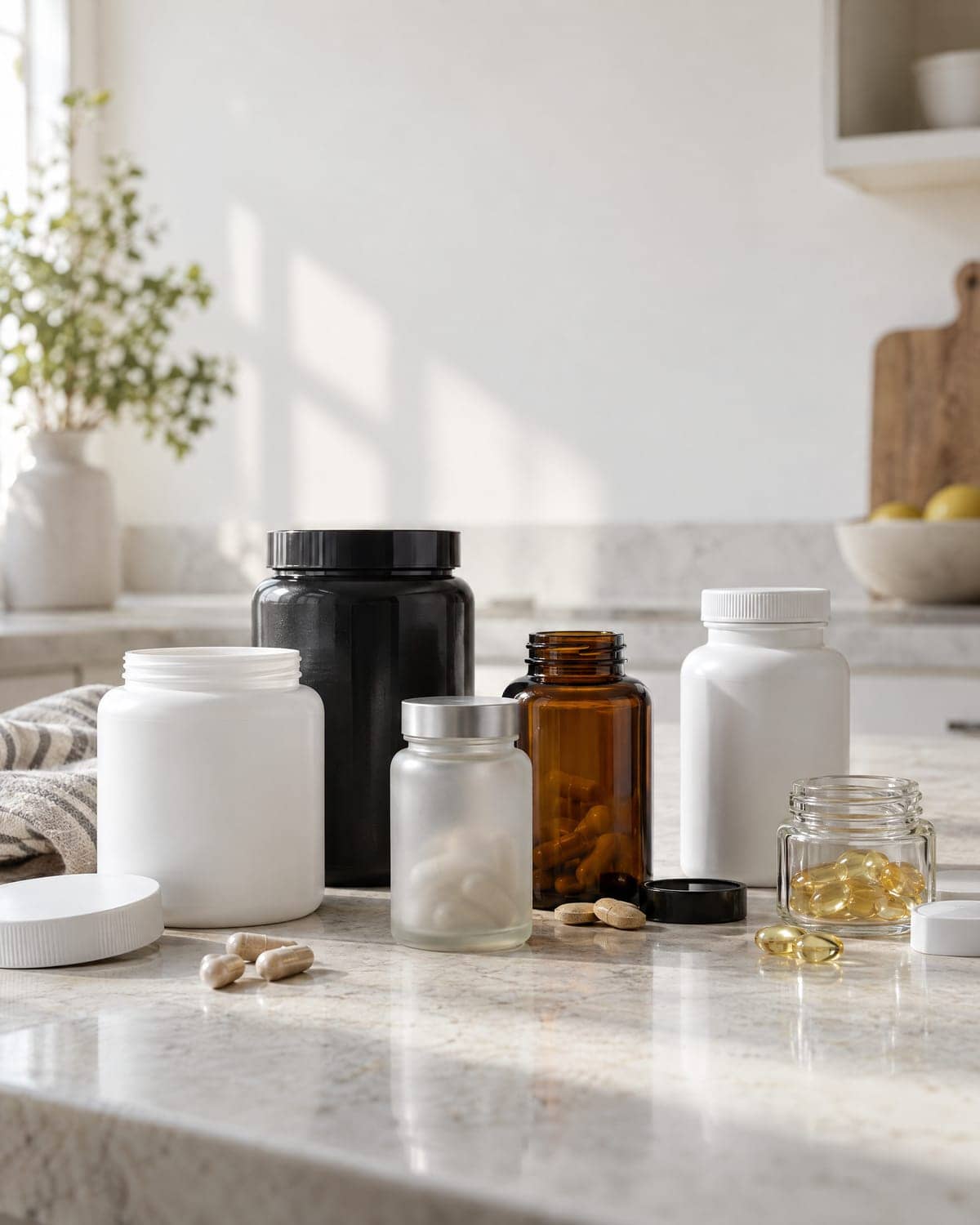 Six unlabelled supplement jars and bottles crowding a kitchen counter