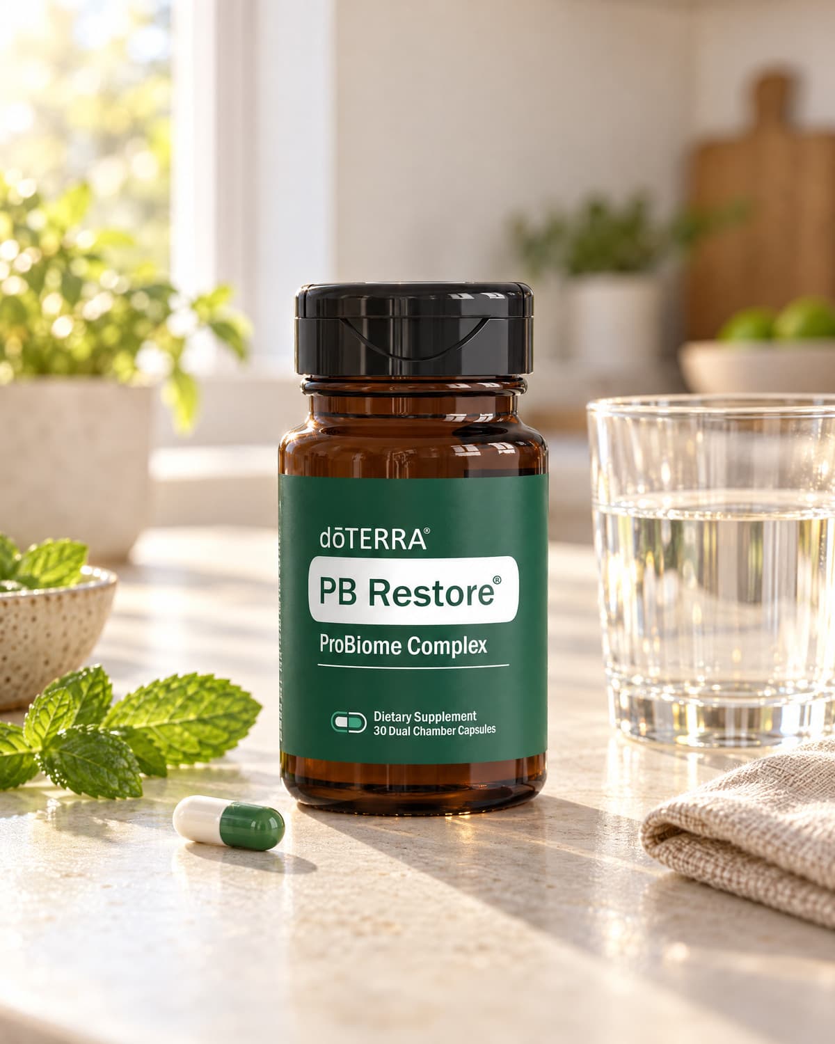 PB Restore bottle with one green and white capsule on a stone counter, mint leaves and a glass of water beside it